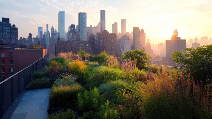 PSD rooftop garden with city skyline at sunset