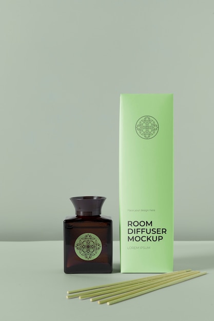 PSD room diffuser label mock-up with bottle and sticks