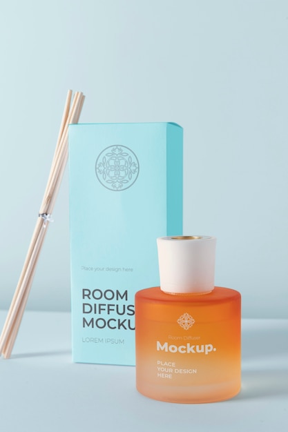 PSD room diffuser label mock-up with bottle and sticks