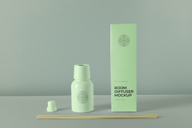 PSD room diffuser label mock-up with bottle and sticks