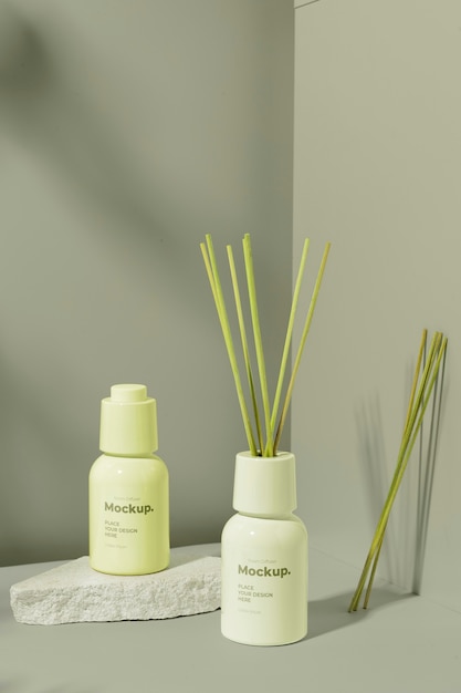 room diffuser label mock-up with bottle and sticks