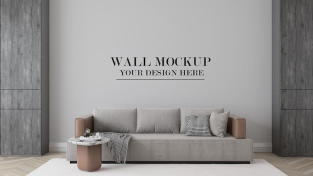 Room wall mockup behind modern sofa in 3d rendering