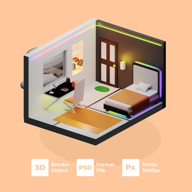 a room with a bed and a desk with a picture of a room with a bed and a tv on it