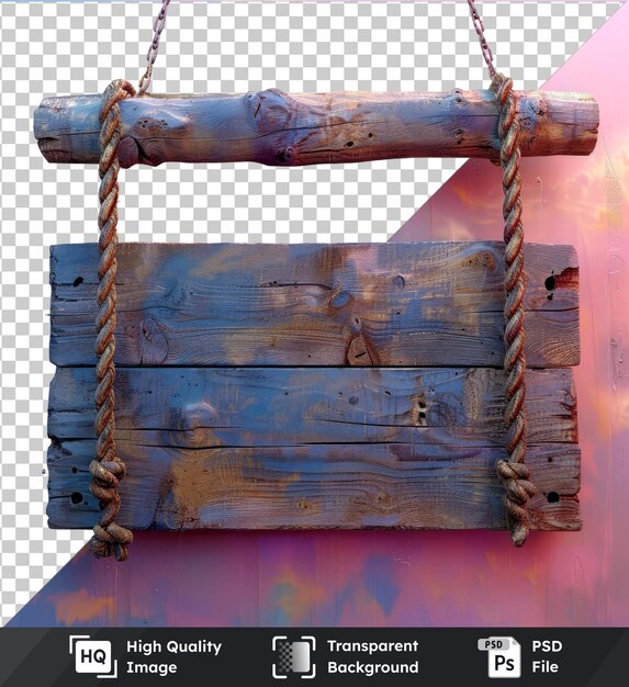 PSD roped wooden sign hanging from a wooden pole against a pink wall