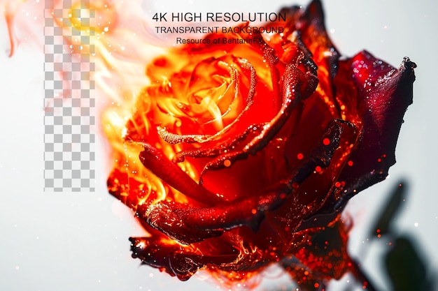 PSD rose flower love rose with fire flame and fire sparks on transparent background