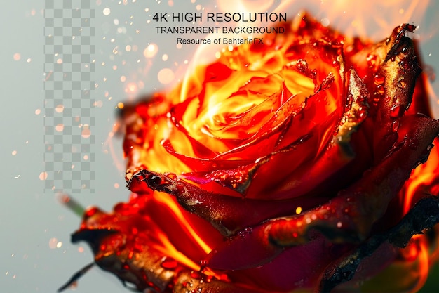 PSD rose flower love rose with fire flame and fire sparks on transparent background