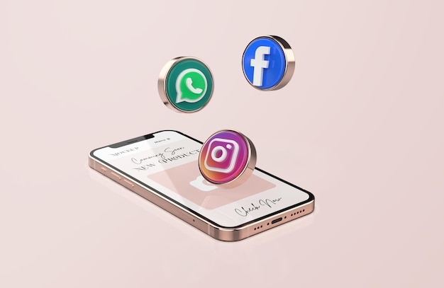 Rose gold mobile phone mockup met 3d-pictogrammen voor sociale media