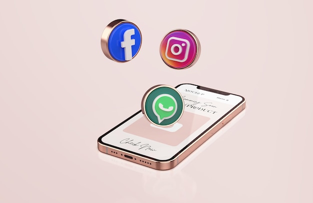 Rose gold mobile phone mockup met 3d-pictogrammen voor sociale media