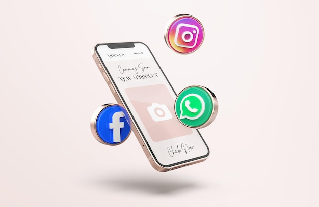 Rose gold mobile phone mockup with 3d social media icons