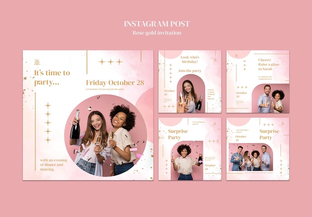 Collezione di post instagram di invito a una festa in oro rosa