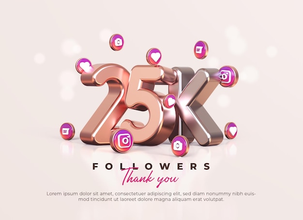 Rose gold and silver 3d 25k followers thank you with instagram icons