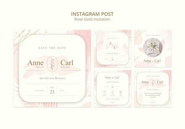 PSD collezione di post di instagram per matrimoni in oro rosa con foglie