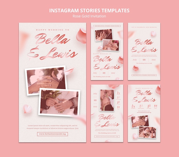 Collezione di storie di instagram di nozze in oro rosa con petali