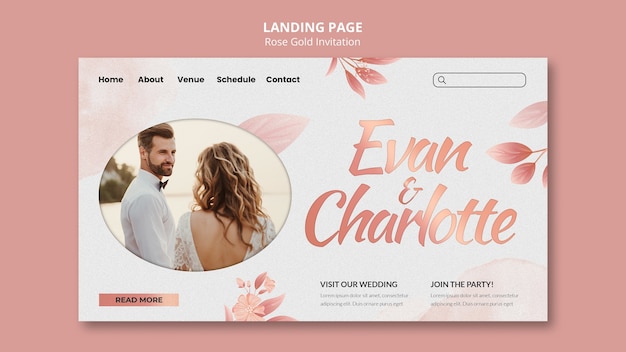 PSD rose gold wedding invitation landing page template with leaves