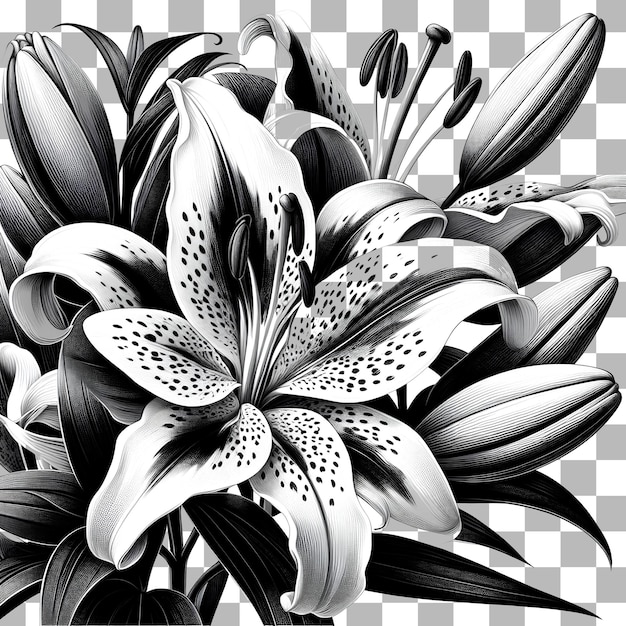 PSD Иллюстрация цветущей розы в черно-белом линейном png