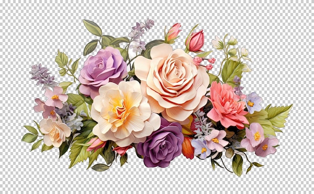 PSD roses bouquet of garden flowers floral arrangement isolated on transparent background