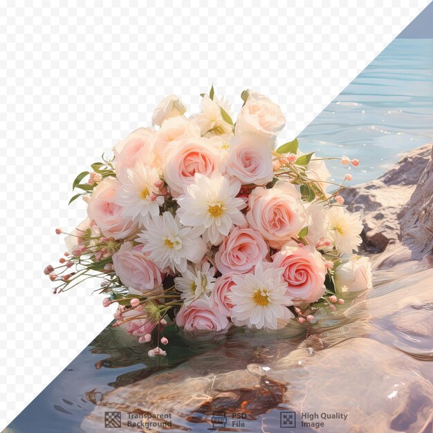 PSD roses and chrysanthemums bridal bouquet on water texture in montenegro s bay of kotor