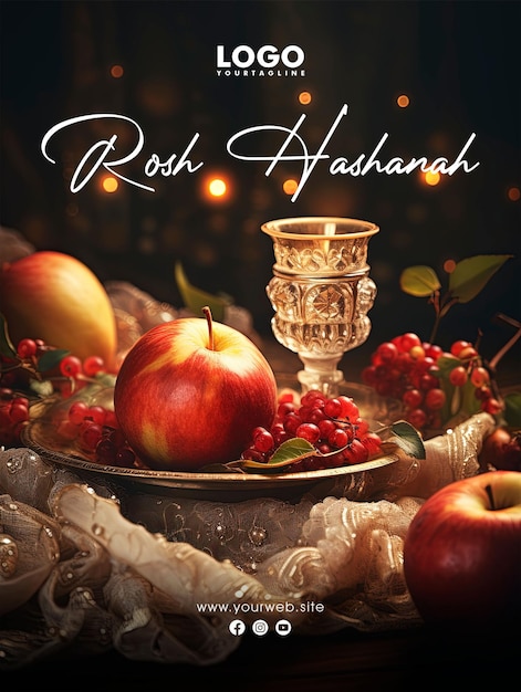 PSD rosh hashanah social media post poster design with apple and pomegranate background