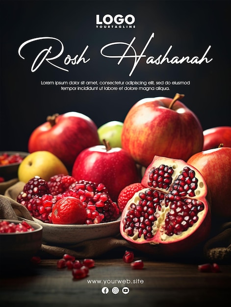 PSD rosh hashanah social media post poster ontwerp met appel en granaatappel achtergrond