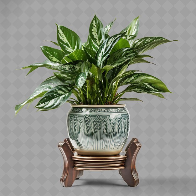 PSD roślina w garnku siedzi na małym stole z garnkiem rośliny na nim