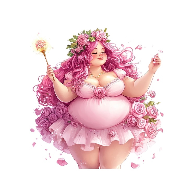 PSD rosycheeked plus size fairy goddess with rose wand and crown