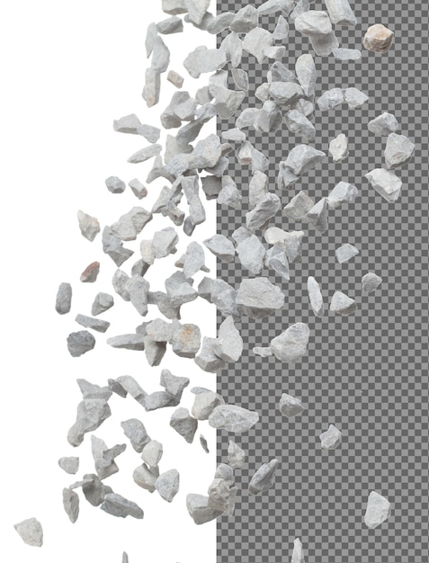 Rots grind vallen naar beneden gieten grijze steen kiezels rots ontploffen abstracte wolk vliegen constructie rots steen spat in de lucht object ontwerp witte achtergrond geïsoleerd bevriezen schot selectieve focus wazig