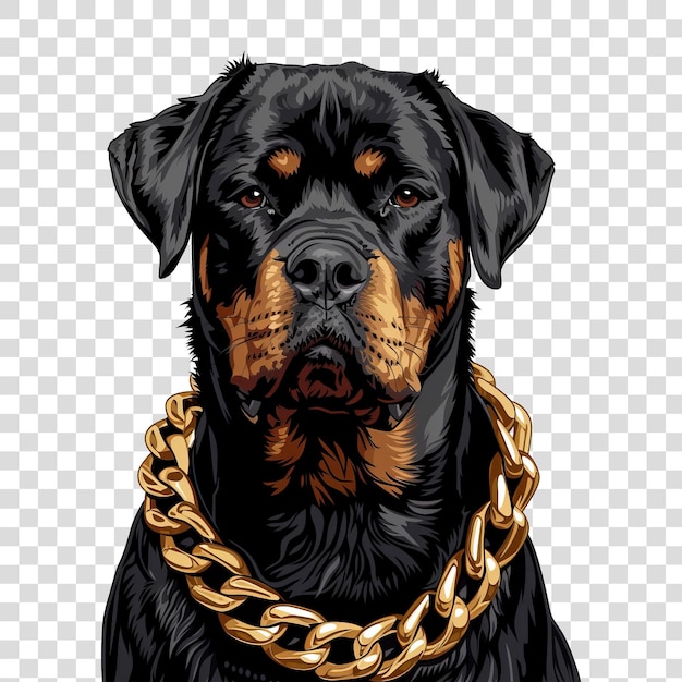 Rottweiler with thick gold chain dog collar isolated on transparent background png