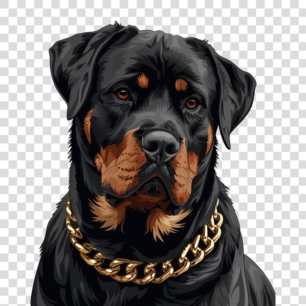 PSD rottweiler con spesso collare da cane a catena dorata isolato su sfondo trasparente png