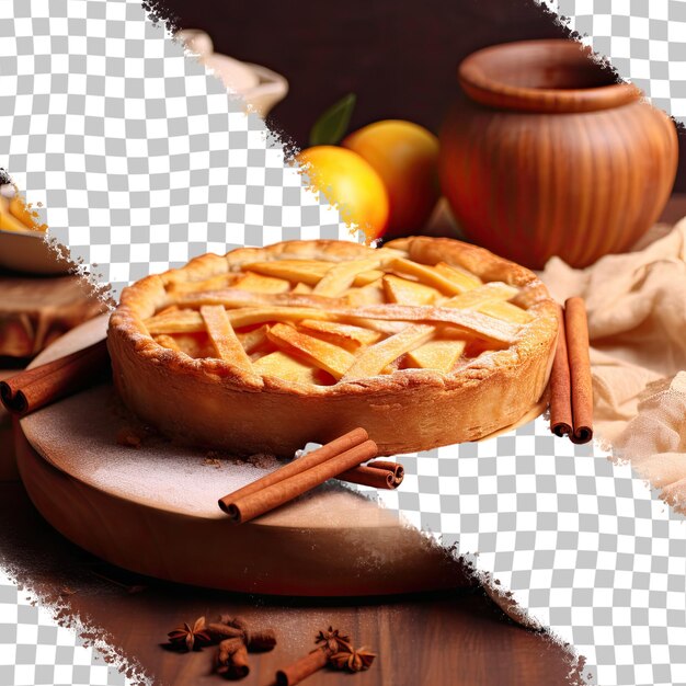 Круглый яблочный пирог с цитрусовыми и корицей на прозрачной тарелке на фоне