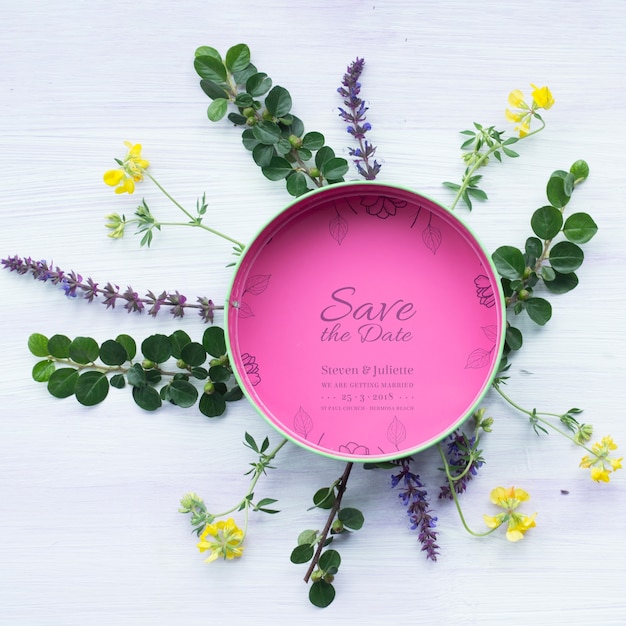 PSD round box mockup with floral decoration