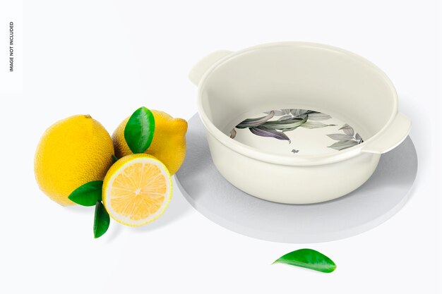 Piatto rotondo in ceramica con manici mockup, con limoni