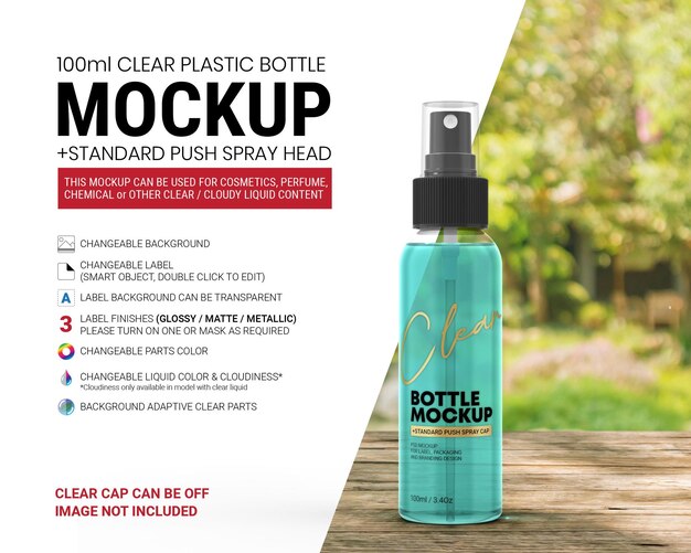 Round clear pet plastic bottle boston 100ml with cloudy clear liquid content high quality mockup