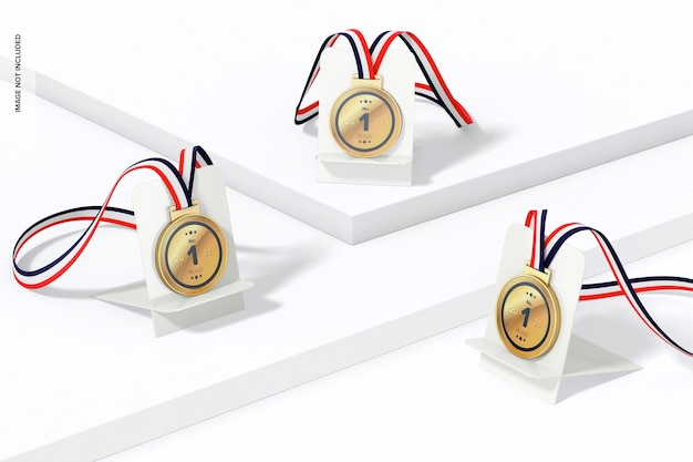 Round competition medals with ribbon set mockup