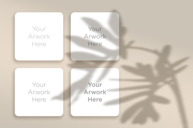 Round Corner Square Paper Mockup Flat Lay with leaves shadow