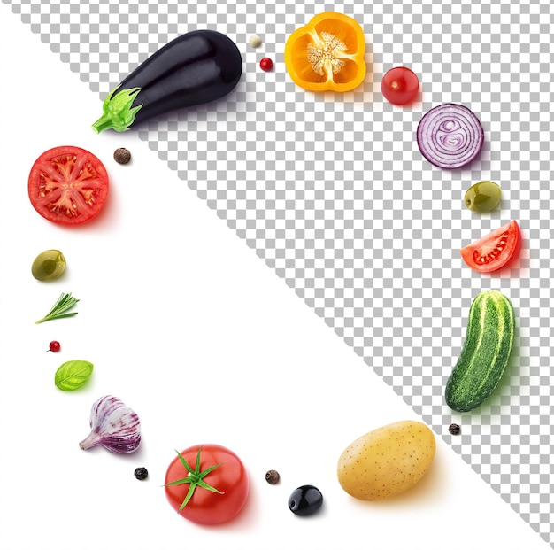 PSD さまざまな野菜、ハーブ、スパイスで作られた丸いフレーム、コピースペース付き