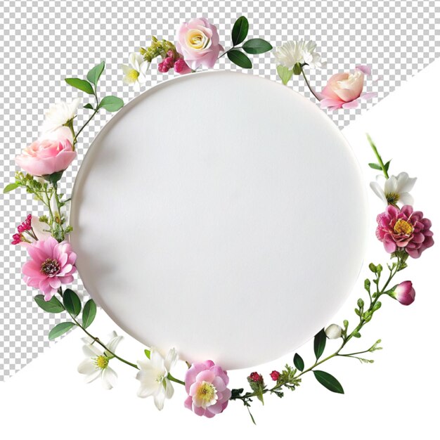 PSD round frame of white flowers on transparent background