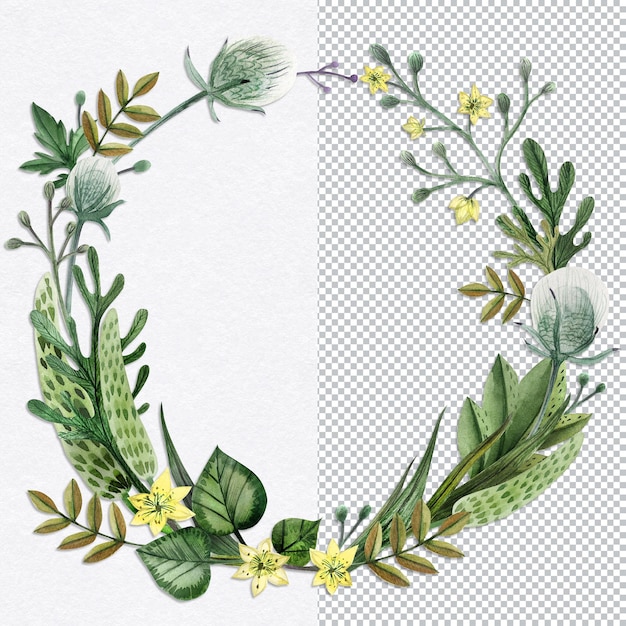 PSD cornice rotonda con fiori di foresta selvaggia arte botanica disegnata a mano ad acquerello