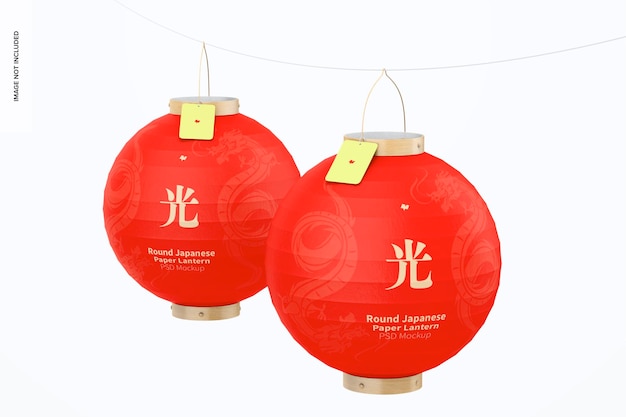 Round japanese paper lanterns mockup, hanging