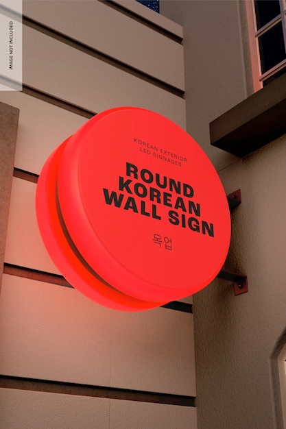 PSD round korean wall sign mockup, close up