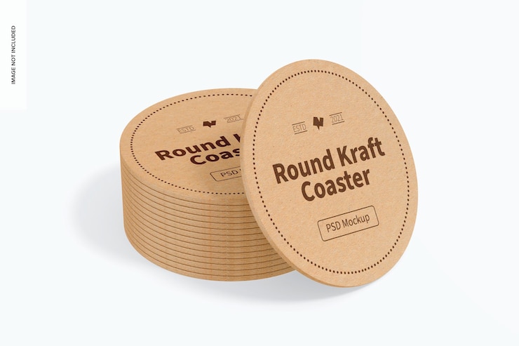 PSD round kraft coasters mockup, stacked