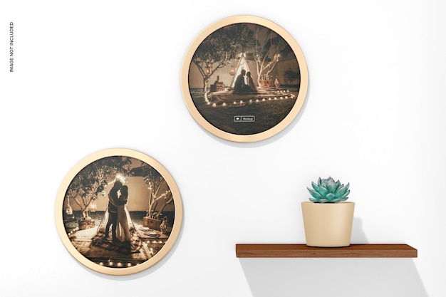 PSD round metallic photo frames mockup, front view