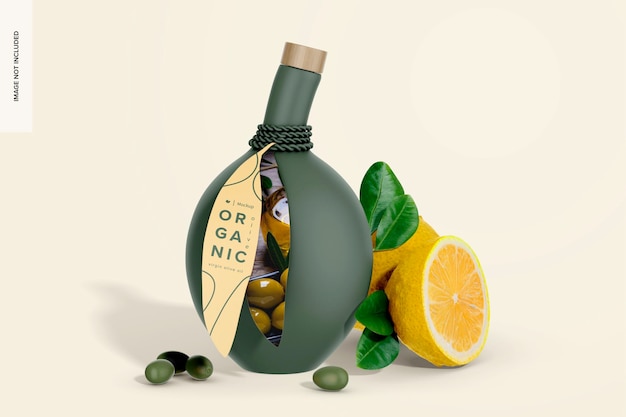 Макет круглой бутылки оливкового масла, перспектива