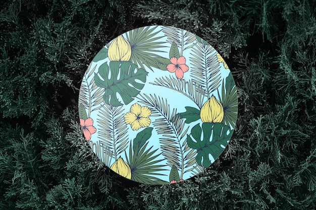 Round paper mockup on fir leaves background