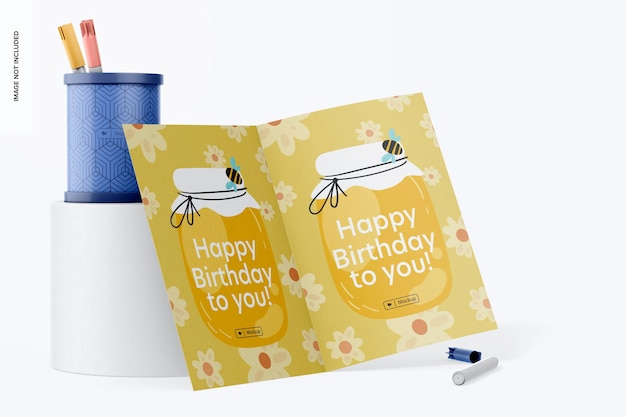 Round pen holder with greeting card mockup