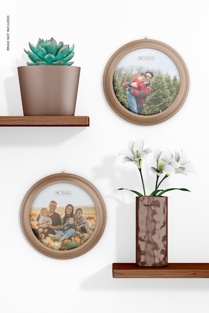 Round photo frames with shelves mockup