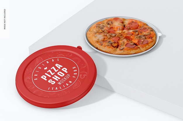 PSD mockup di imballaggio per pizza tonda appoggiato