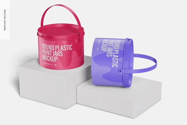 PSD round plastic paint jars mockup, top view