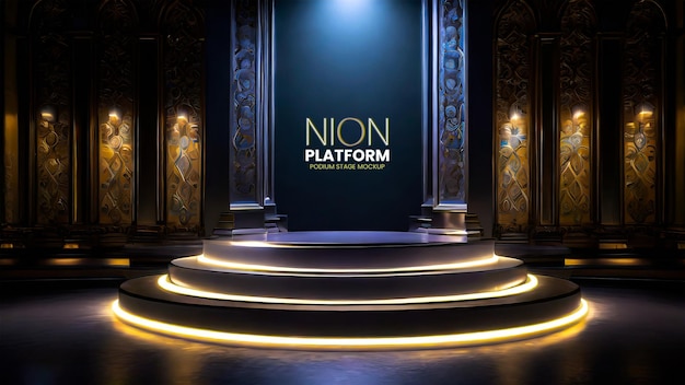 Round podium stage in theater for product promotion studio elegant neon lightning platform