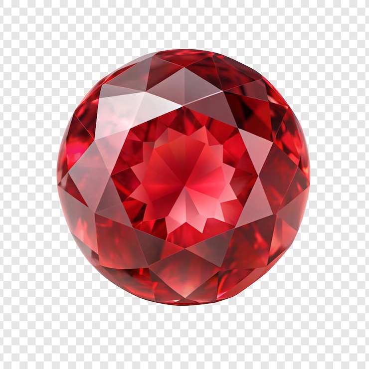 PSD round red ruby diamond gemstone isolated on transparent background