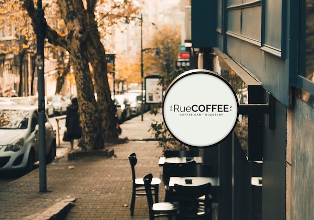 PSD round sign white coffee shop sign mockup on the street